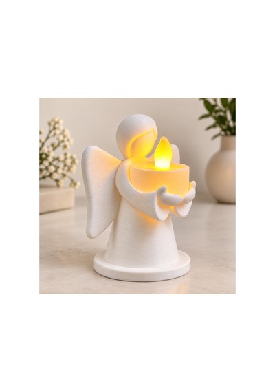 Dekoratif Melek Mumluk Led Pilli Mum Hediyeli 3d Baskı Masa Ve Ev Dekoru 10x8 Cm - Beyaz Açık