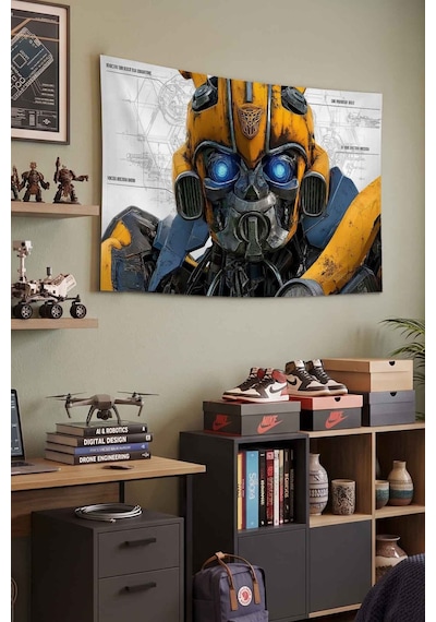 Sarı Robot Savaşçı Teknik Çizim Blueprint Dekoratif Duvar Örtüsü Duvar Halısı Beyaz
