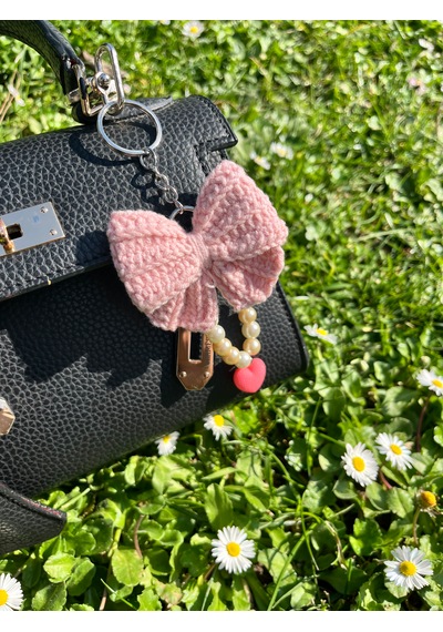 Maıson De Mode Coquette El Örmesi Pembe Fiyonklu İnci Detaylı Çanta Charm Beyaz - Pembe