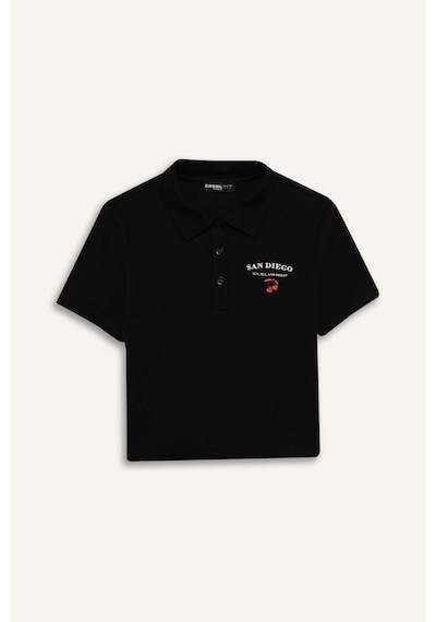 DeFacto Coool Fitted Polo Yaka Baskılı Ribana Kısa Kollu Siyah Tişört D1095AX25SMBK81