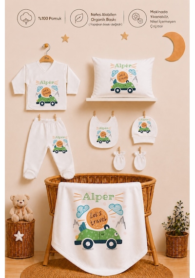 Pia Baby Kişiye Özel İsimli Erkek Bebek Hastane Çıkış Seti 11 Parça %100 Pamuk 2007113x Ekru