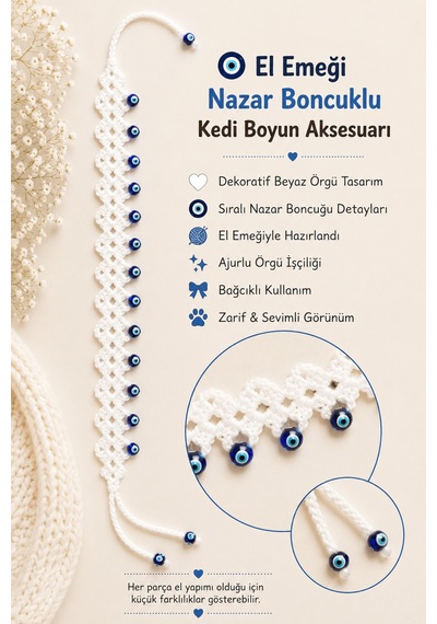 El Örgüsü Nazar Boncuklu Kedi Boyun Aksesuarı Beyaz Ajurlu Örgü Bağcıklı El Yapımı Kedi Tasması