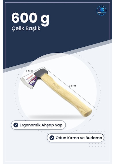 Ahşap Saplı Balta 600 G Çelik Başlık Kamp Bahçe Odun Kırma Budama