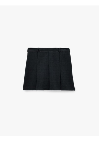 Koton Slim Fit Viskon Karışımlı Kalın Pileli Mini Etek Siyah 6wal70031ık Siyah
