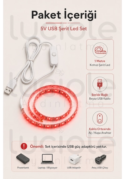 1 Metre 5v Usb Kırmızı Şerit Led Aç Kapa Anahtarlı Tv Masa Araç Dekoratif Led Işık