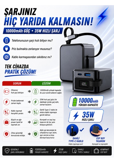 10000mah 35w Hızlı Şarj Powerbank Lcd Ekran 1x Usb + 1x Type-c Type-c Kablolu Çıkışlı Açık Gri