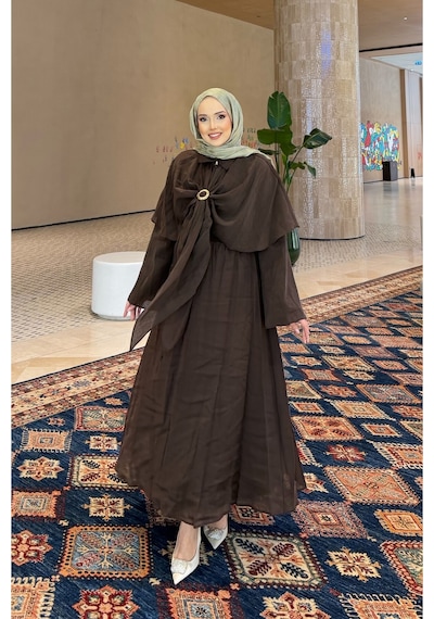 Riella Butik Alure Pelerin Bluzlu Şifon Takım Kahverengi