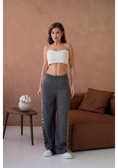 Relax Mode Kadın Leopar Şerit Detaylı Örme Pantolon - 12026r Antrasit