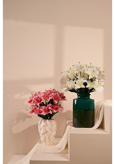 Fuşya Yapay Lilyum Çiçeği 9 Dallı Premium Canlı Islak Dokulu 55 Cm