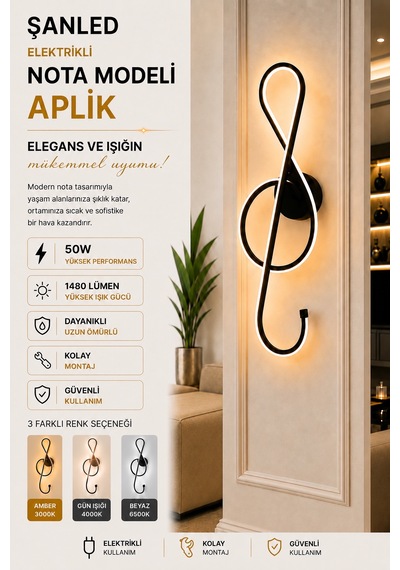 Dekoratif 50w Nota Modeli İç Mekan Siyah Kasa 3 Renkli Işık Elektrikli Duvar Aplik 1 Adet