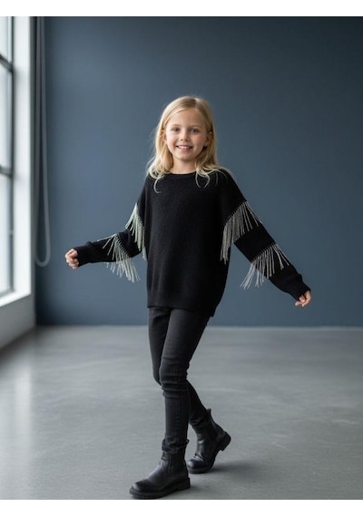 Kız Çocuk Yüzde Yüz Pamuklu İki İplik Zincir Detaylı Sweatshirt-16698 Siyah
