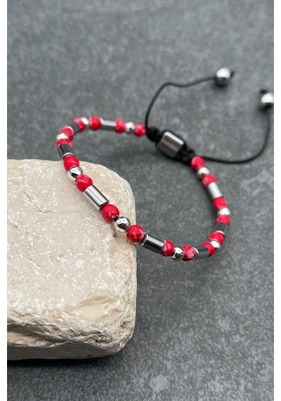 Frnch Frnch Hematit Doğal Taşlı Kırmızı Renkli Ayarlanabilir Makrome Er N11.66543 Çok Renkli