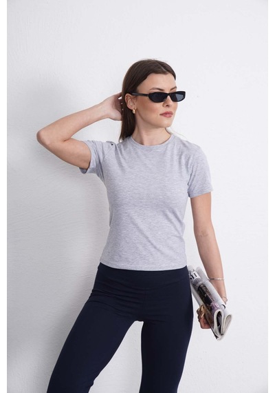 Crop Slim Fit Pamuk Likra Tişört-gri Melanj Gri Melanj