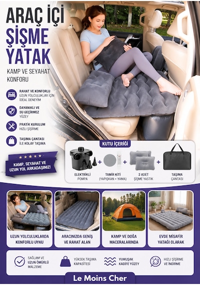 Opel Corsa D Enjoy Araç İçi Şişme Yatak Elektrikli Pompa Tamir Kiti Çantalı Kamp Yatağı