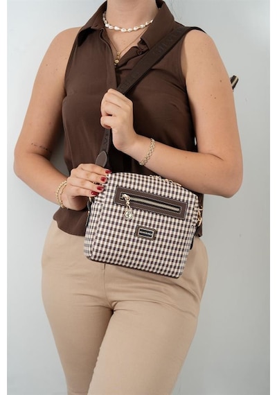 Silver Polo Sp1038 Kadın Çapraz Çanta Ekose Line Kare Kahve Sarı-kahve
