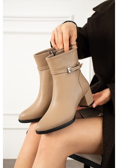Dabab Shoes Astraya Kadın Bej Tokalı Topuklu Kısa Konç Şık Kışlık Bot Bootie