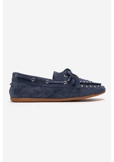 Luvishoes Cuesta Kot Mavi Süet Hakiki Deri Troklu Bağcıklı Kadın Loafer Ayakkabı