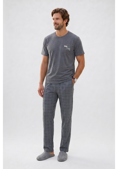 Tudors Erkek Standart Fit Normal Kesim Pamuklu Bisiklet Yaka Kısa Kollu Lastikli Gri Pijama Takımı-51142
