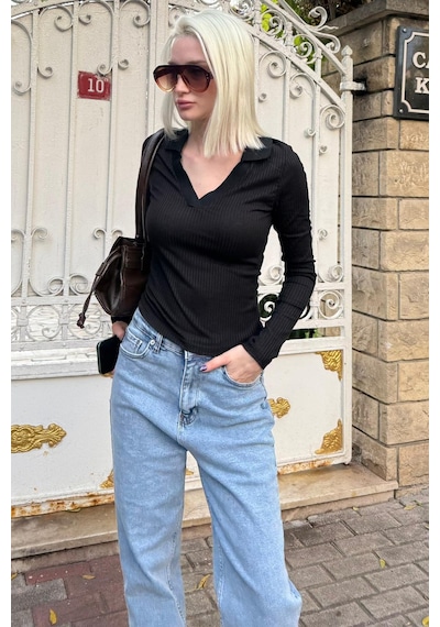 Madmext Siyah Polo Yaka Fitilli Kadın Body Mg2566 Siyah