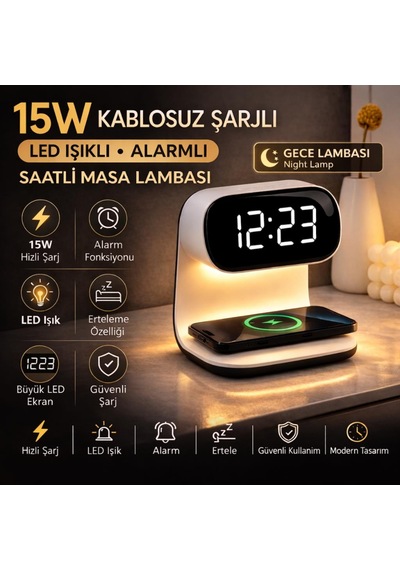 Coofbe 3ın1 15w Kablosuz Masaüstü Şarj Standı - Alarmlı Dijital Masa Saati- Ayarlanabilir Gece Lambası Beyaz