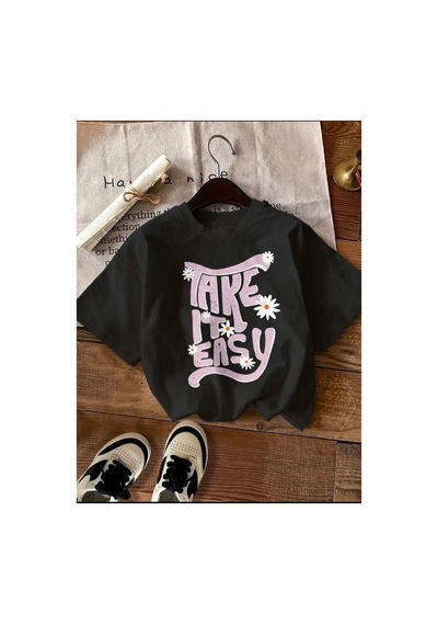 Medinenur Take Is Easy Yazı Baskılı Basic T-shirt Siyah