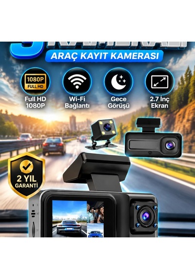 3 Kameralı Araç Kayıt Kamerası 1080p Full Hd, Wi-fi, Gece Görüşü Ve 2.7 İnç Ekran