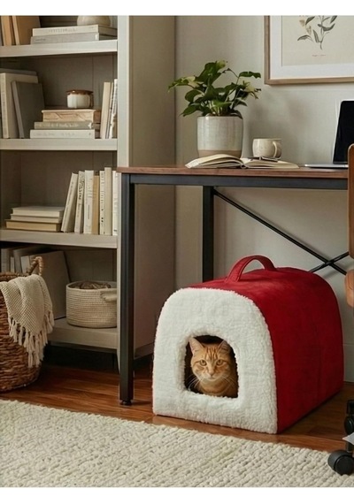 Taşınabilir Kedi Köpek Yatağı, Mağara Model Yuva, Kırmızı, S Beden