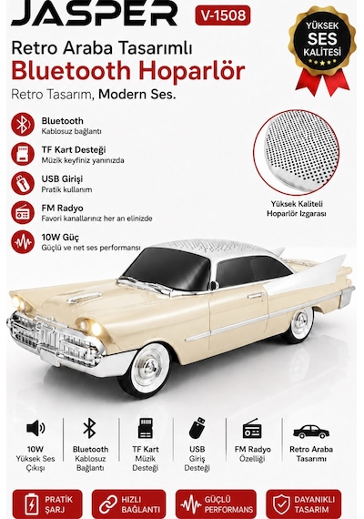 Jasper Jpr-1508 Nostaljik Araba Tasarımlı Bluetooth Hoparlör 10w Güçlü Ses Fm Radyo Usb Tf Kart Destekli 60458981