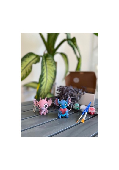 Stitch & Angel Anahtarlık Boyama Seti Sevgililer Günü Özel Hediye, 6 Renk Boya + Fırça
