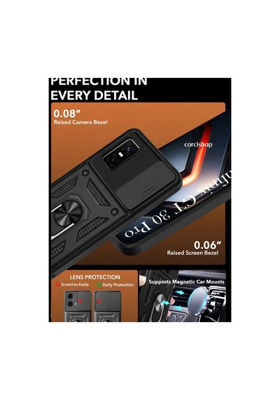 Infinix Gt 30 Pro Uyumlu Kamera Korumalı Sürgülü Yüzüklü Standlı Kapak Siyah