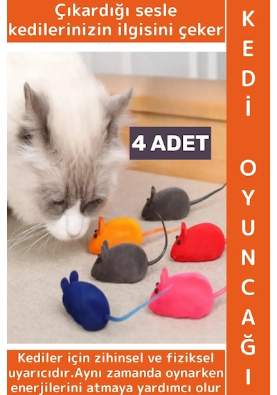 Evcil Hayvan Pet Enerji Atma Zihinsel Uyarı İlgi Çekici Sesli Sevimli Kedi Eğitim Oyun Faresi 4 Adet