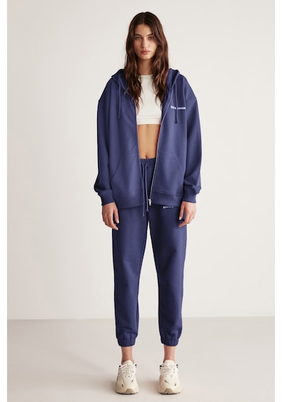 Grimelange Ametıs Kadın Oversize Organik Pamuklu Metal Fermuarlı Kapüşonlu Lacivert Sweatshirt