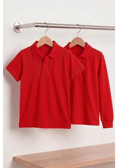 Nacar Store Unisex Çocuk Uzun Ve Kısa Kollu Polo Yaka Okul Tişörtü 2'li Set Kırmızı