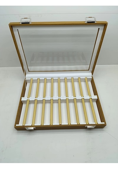 Cam Kapaklı Deri Kumaş Kahve-beyaz Renk 34 Cm / 24 Cm Alyans Sergileme Standı