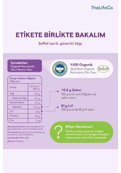 Thelifeco Organik Psyllium Karnıyarık Otu İçecek Tozu 180 G
