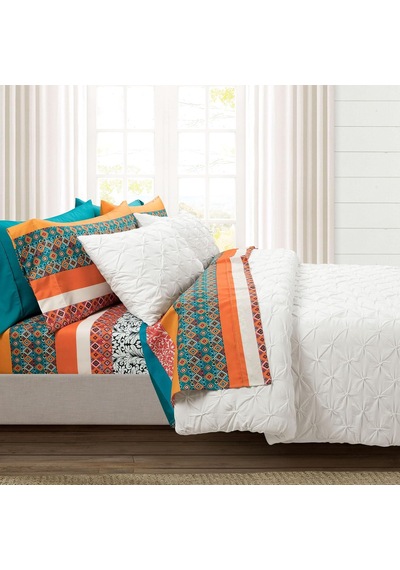 Boho Çizgili Yumuşak Çarşaf 6 Parça Set, Kraliçe, Turkuaz Ve Mandalina Çok Renkli