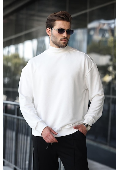 Madmext Ekru Yarım Balıkçı Yaka Erkek Basic Sweatshirt E7158 Ekru