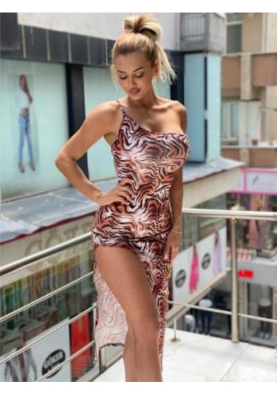 Pink Life Leopar Desenli İnce Askılı Midi Elbise Kahverengi