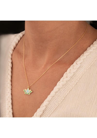 Dkmn Gümüş 925 Ayar Gümüş Mineli Lotus Kolye Gri Yeşil Turkuaz