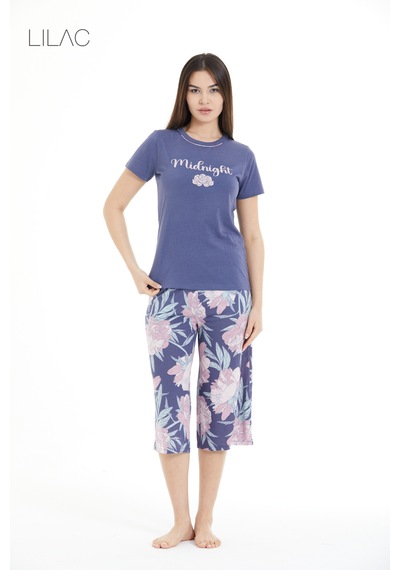 Lılac Kadın Çiçek Desenli %100 Viscon Capri Pijama Takımı Açık Mor