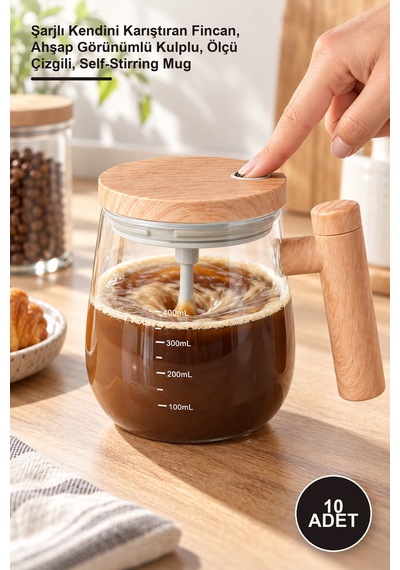 10 Adet Otomatik Karıştırıcılı Cam Kupa Şarjlı Kendini Karıştıran Fincan, Ahşap Görünümlü Kulplu, Ölçü Çizgili, Self-stirring Mug