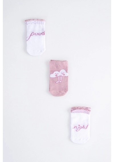 Cocole Socks Kız Bebek Soket Çorabı 3 Lü Set Pamuklu Gül Kurusu İyi Geceler & Bulut Desenli Çok Renkli