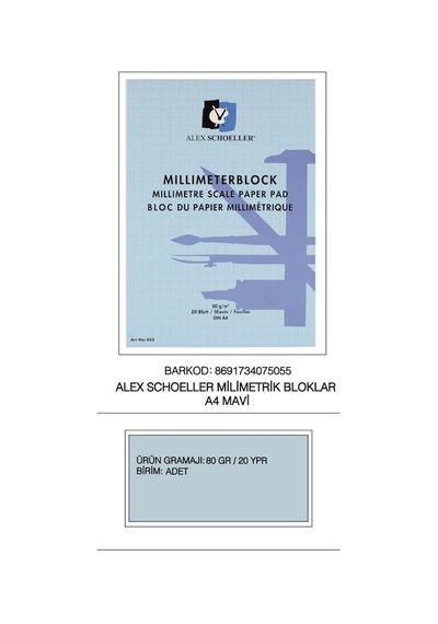 Alex Shoeller Milimetrik Blok 80gr A4 Mavi 20 Yaprak