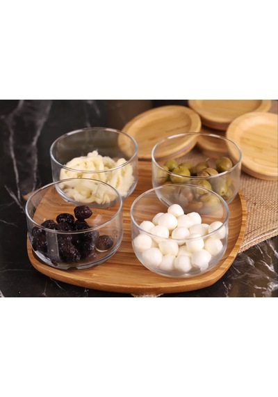 Bambum Duo 300ml 4'lü Tepsili Bambu Silikonlu Kapaklı Hava Aldırmaz Cam Kahvaltılık