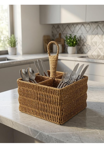 Rattan Plastik Kaşıklık Kepçe 4 Bölmeli Krem
