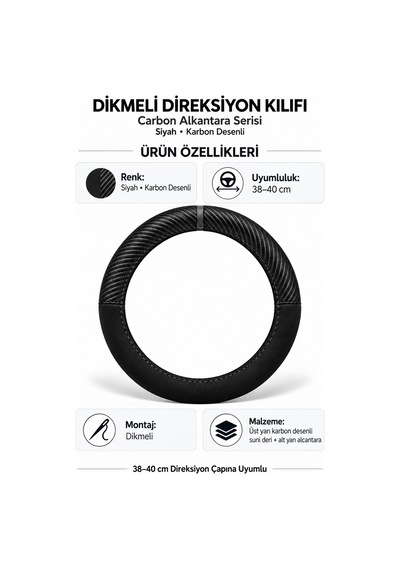 Trobus Jaguar Xf 2016-2025 Uyumlu Dikmeli Direksiyon Kılıfı Carbon Alkantara Karbon Desenli Siyah