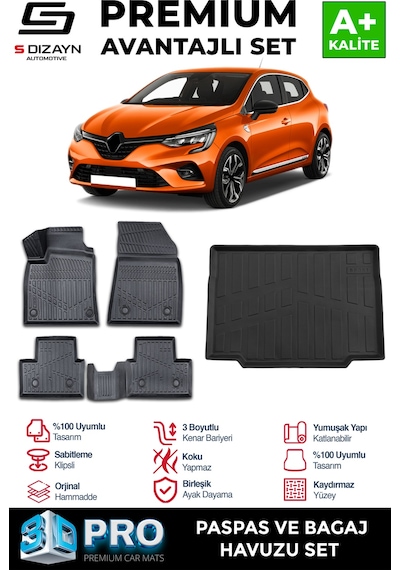 S-dizayn Renault Clio 5 3d Pro Havuzlu Paspas Ve Bagaj Havuzu Seti 2'li Set 2019 Üzeri A+ Kalite