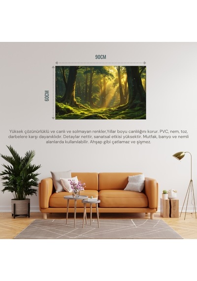 Doğa Ve Manzara Yatay Ağaçlar Güneş Işıkları Derin Orman Yemyeşil Yosun Kaplı Zemin Uçan Kuşlar 02 Çerçevesiz 90x60cm Pvc Tablo