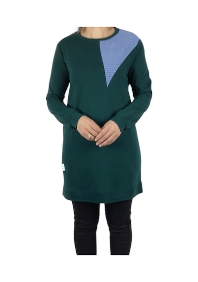 Kadın Kolağzı Ribanalı Altı Bantlı Kombinli İki İplik Mevsimlik Penye Tunik Zümrüt