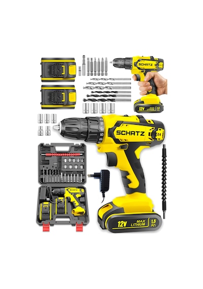 Schatz Pro 12v 1.5 Ah Darbeli Çelik Şanzıman Çift Akülü Bakır Sargılı Şarjlı Vidalama Matkap 24 Parça Sarı -